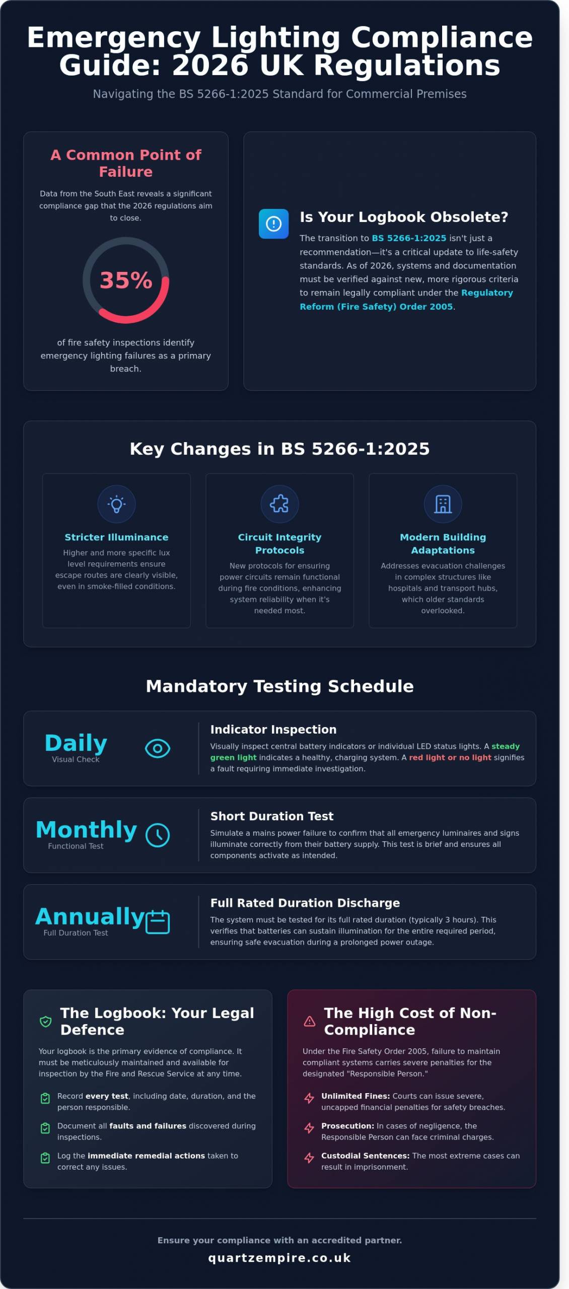 Emergency Lighting Testing Regulations UK 2026: The Essential Compliance Guide - Infographic